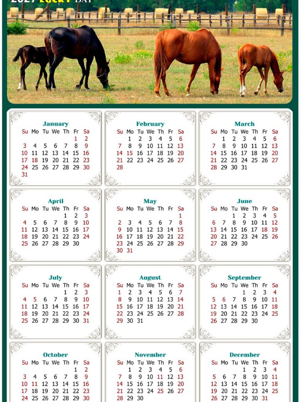 2027 Magnetic Calendar - Today is my Lucky Day - Horses Themed 010 (5.25 x 8)
